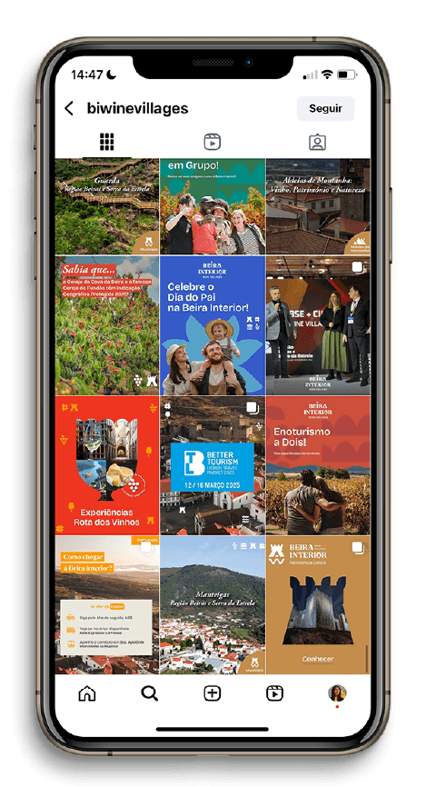 Feed de Instagram da conta 'biwinevillages' mostrando uma grelha de publicações sobre turismo, gastronomia, vinhos e experiências na Beira Interior de Portugal.