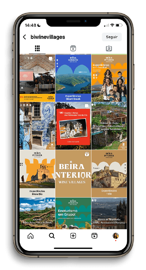 Feed de Instagram da conta 'biwinevillages' com publicações sobre Aldeias de Xisto, paisagens de rio e montanha, e experiências de enoturismo na Beira Interior.