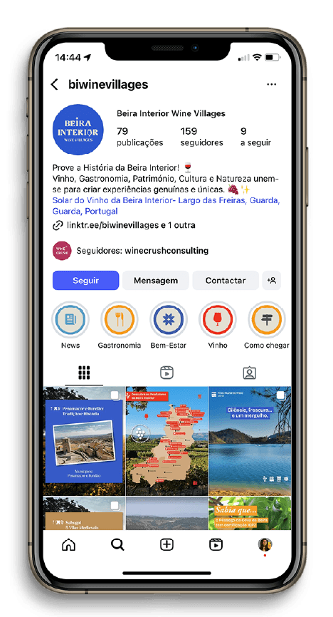 Página de perfil de Instagram da conta 'biwinevillages' (Beira Interior Wine Villages), com o logótipo, biografia, destaques de histórias e a grelha de publicações