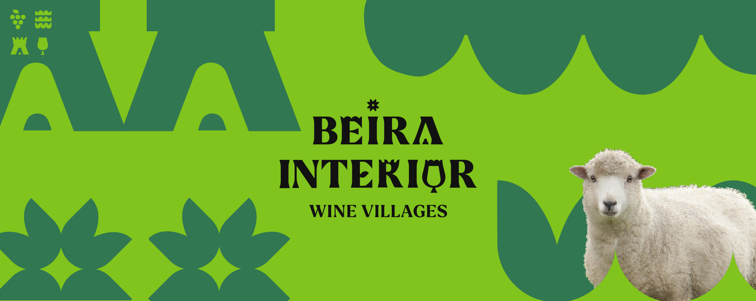 Banner promocional com o texto "Beira Interior Wine Villages" em destaque sobre um fundo verde estilizado com formas de folhas e a fotografia de uma ovelha à direita.