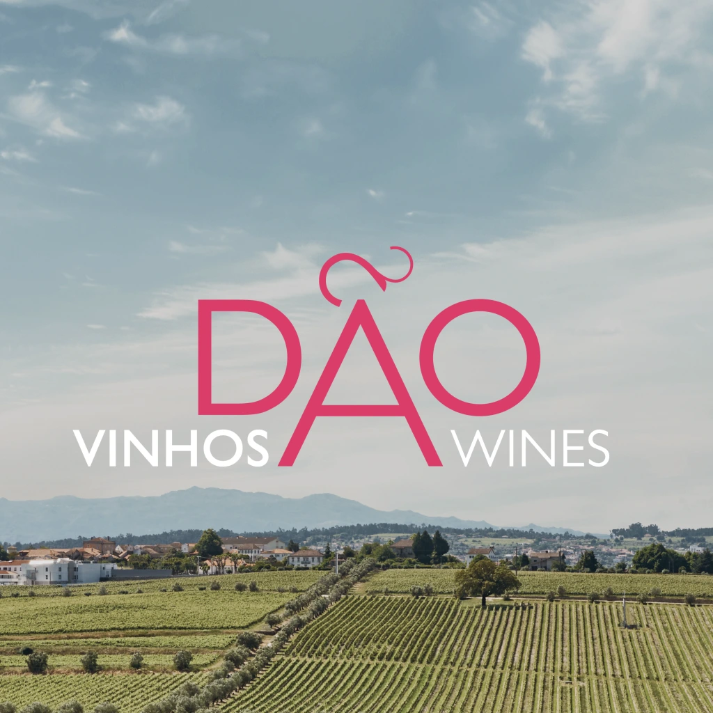 Paisagem de vinhas e montanhas no Dão, com o logótipo estilizado "Dão Vinhos / Wines"