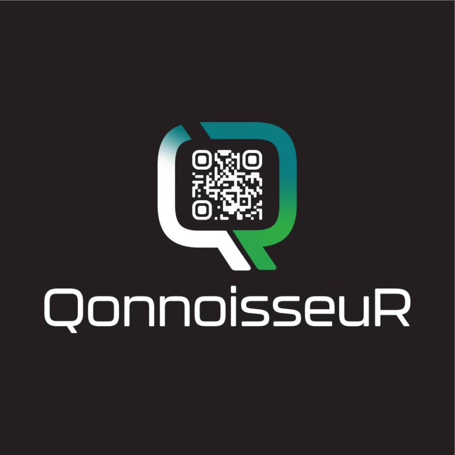 Logótipo da QonnoisseuR, uma plataforma que liga produtores e consumidores através de códigos QR nos rótulos dos vinhos, destacando sofisticação, tecnologia e natureza.
